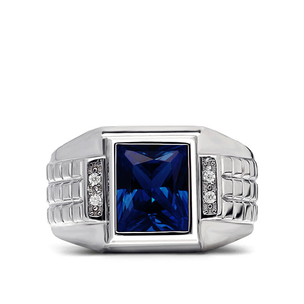 Real 925 Sterling Silver Men's Gemstone Ring with 4 Diamonds sapphire