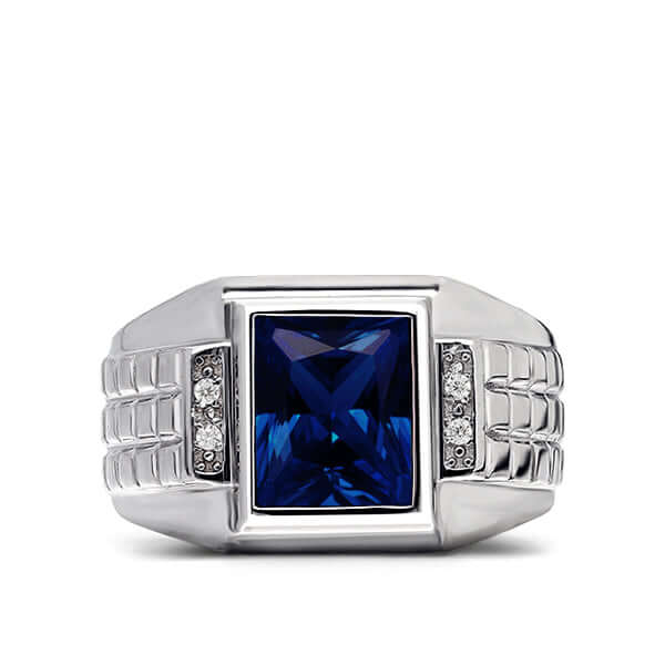 Real 925 Sterling Silver Men's Gemstone Ring with 4 Diamonds sapphire