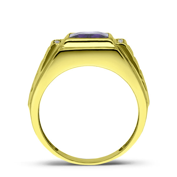 4 Diamond Accents 18K Gold Plated on 925 Solid Silver Mens Purple Amethyst Ring