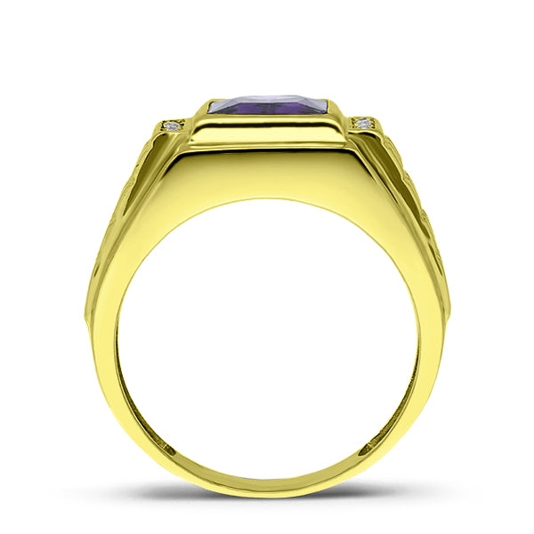 Solid 10K Gold Purple Amethyst Mens Ring 4 Natural Diamonds Fine Ring for Man