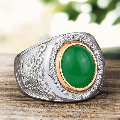Men's Ring with Natural Green Jade Gemstone in 925 Sterling Silver
