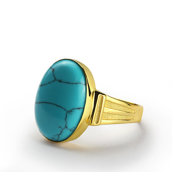 Natural Stone Ring For Men in 10k Yellow Gold with Blue Turquoise