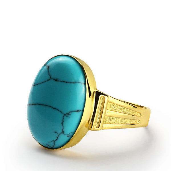 14k Yellow Gold Men's Ring with Natural Blue Turquoise Stone