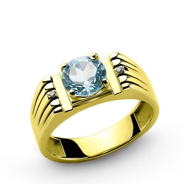 Blue Topaz Ring for Men in 14k Yellow Gold with Natural Diamonds