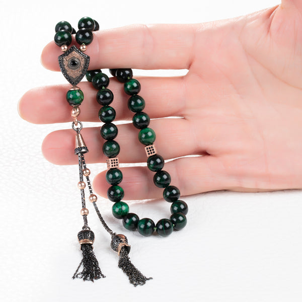 Green Stone Tasbih with 925 SILVER Tassel Muslim Prayer Beads Islamic Tiger eye Rosary