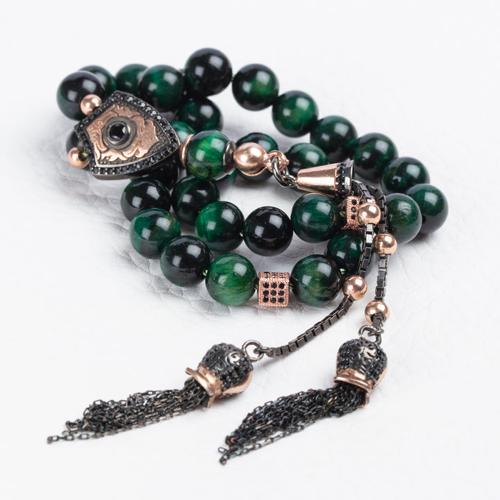 Green Stone Tasbih with 925 SILVER Tassel Muslim Prayer Beads Islamic Tiger eye Rosary