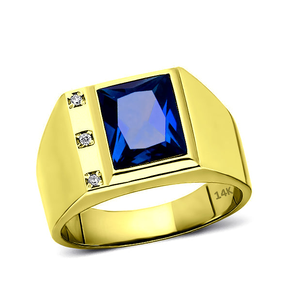 Mens Solid 14K Gold Blue Sapphire Ring 0.06ct Natural Diamonds Fine Ring for Man