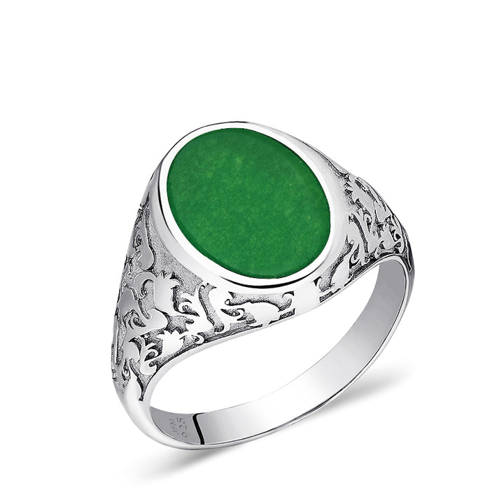 jade oval stone men's silver ring