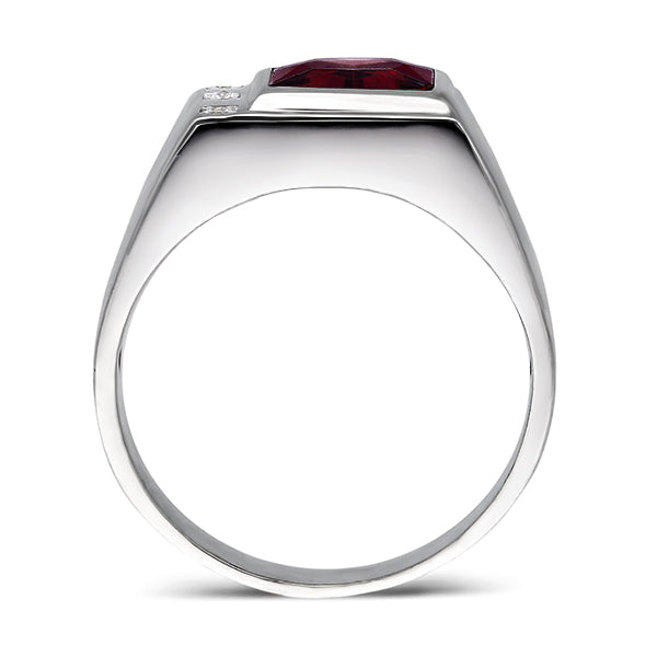 Mens Solid 14K White Gold Red Ruby Ring 0.06ct Natural Diamonds Ring for Men