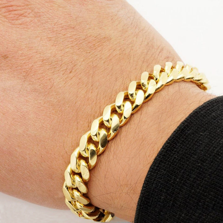 10mm Mens 18k Gold Plated Sterling Silver Heavy Cuban Chain Link Bracelet 9 inch