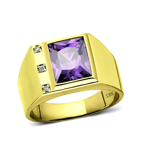 Mens Solid 18K Gold Purple Amethyst Ring 3 Natural Diamonds Fine Ring for Man