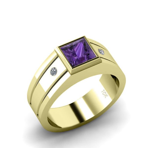Gold Ring with Stone Square Cut Purple Amethyst and 0.04ct Diamonds Male Engagement Band
