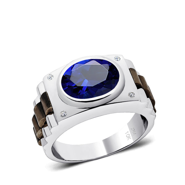 Men's Sapphire Wedding Ring in Solid 10k Gold with 4 Natural Diamonds Male Birthstone Gift