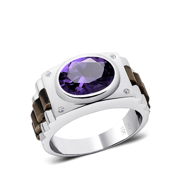 Solid Gold Ring with Stone 12x10 mm Oval Amethyst and Diamonds 24th Anniversary Gift for Him