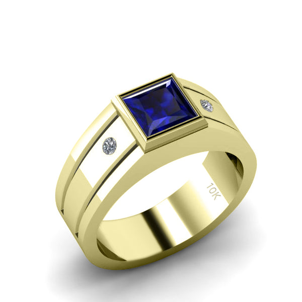 Wedding Ring for Man with Gemstone 1.80ct Blue Sapphire and Diamonds Solid Gold Male Band