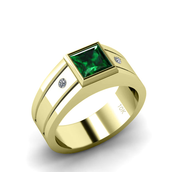 Green Emerald Ring Solid 10K Yellow Gold and 0.04ct Real Diamonds Wide Band Man's Ring