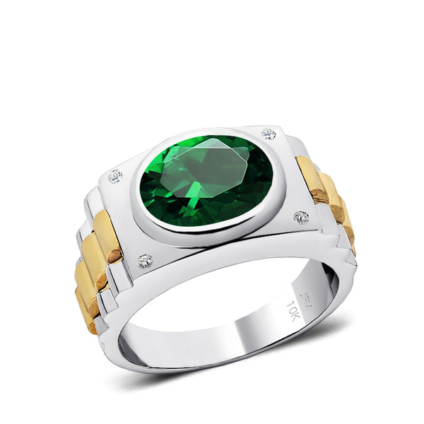 Birthstone Ring for Man Green Emerald and DIAMONDS in 10K Gold Anniversary Gift for Husband
