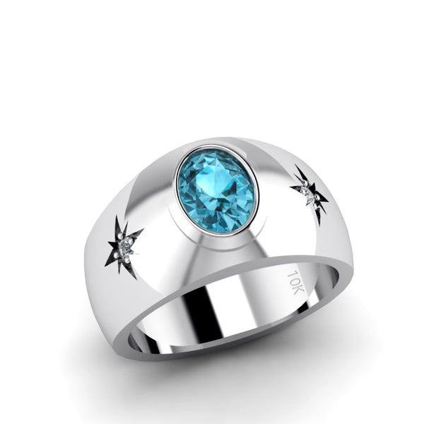 Men's White Gold Ring 0.06ct Natural Diamonds Solitaire Fine Blue Topaz Statement Male Jewelry