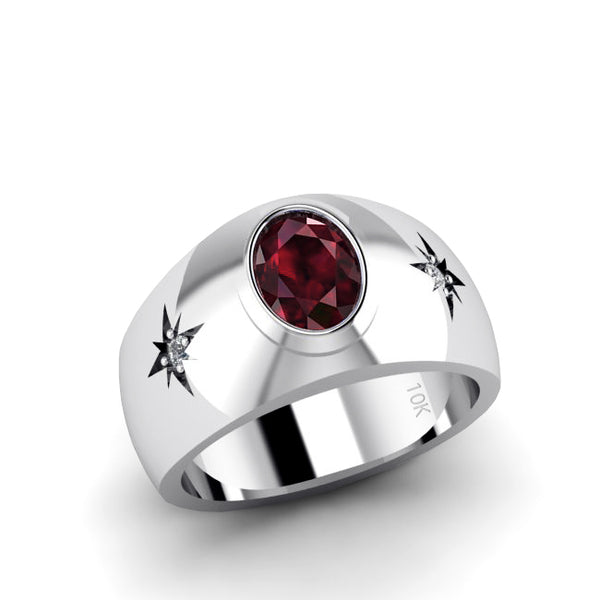 White Gold Men's Ring Red Ruby Gemstone with Natural Diamonds December Birthstone Gift for Man