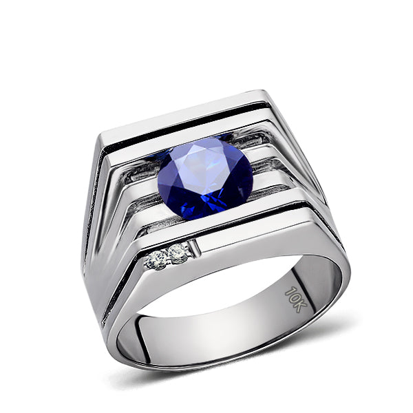 Solid 10K White Gold Ring For Men with Sapphire and 2 Diamond Accents