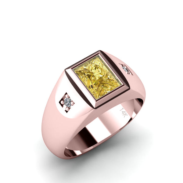 Minimalist Men's Ring 14K Rose Gold 2 Diamonds and Yellow Citrine Custom Engraved Male Jewelry