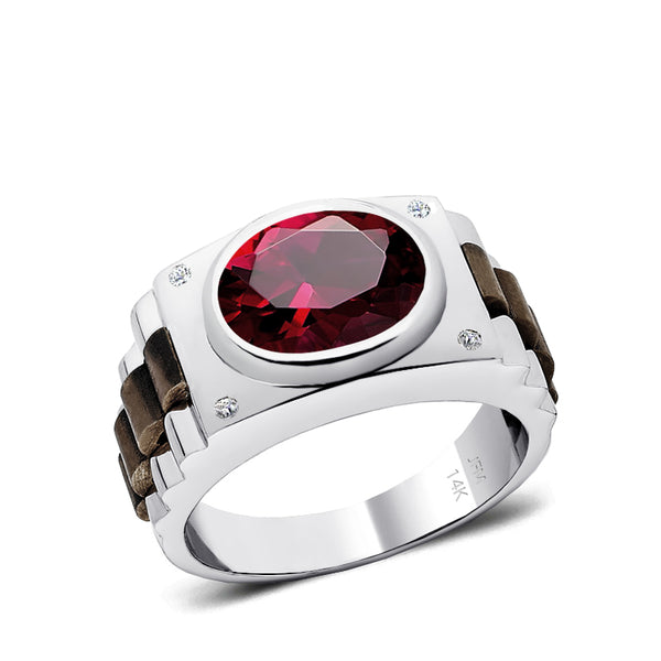 Oval Mens Engagement Ring in 14K Gold Two Tone Band Red Ruby and Diamonds