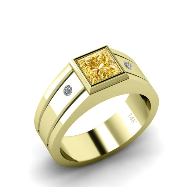 Men's Stone Ring 2 Natural DIAMONDS and 1.80ct Square Citrine Solid Yellow Gold Pinky Ring