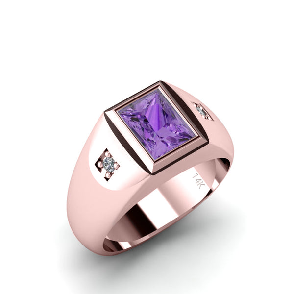 Men's Solitaire Ring 2 Diamonds and Amethyst Gemstone SOLID 14K Rose Gold Engraved Male Band