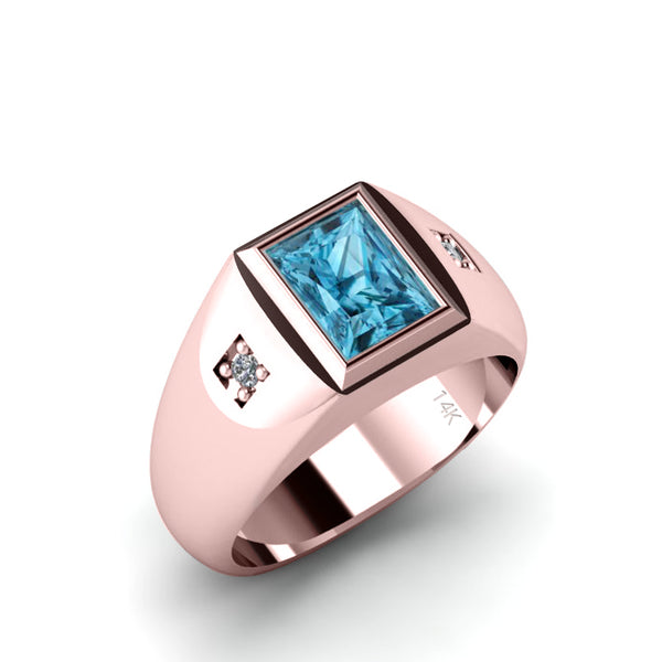 Signet Male Ring Light Blue Rectangle Topaz and Real Diamonds in 14K SOLID Gold Gem Band Ring