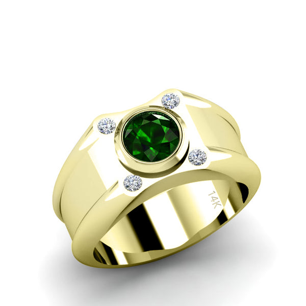Wedding Ring Male Solid 14K Yellow Gold 4 Diamonds and 1.70ct Green Emerald May Birthstone Gift