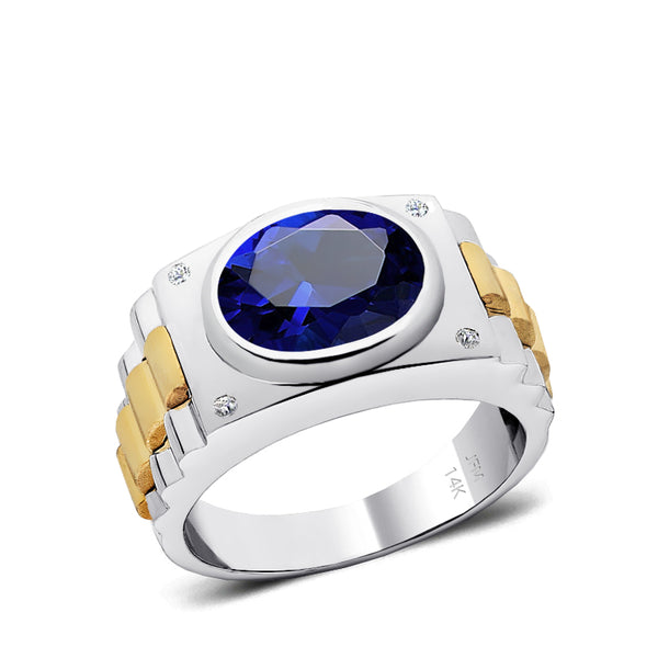 Diamond Ring for Man 14k SOLID Gold and 12x10 mm Oval Sapphire Male Virgo Birthstone Jewelry