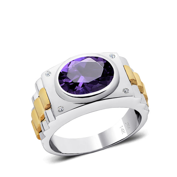 5 Stone Genuine Diamond Ring in 14K White Gold with Oval Amethyst Engraved Jewelry for Man