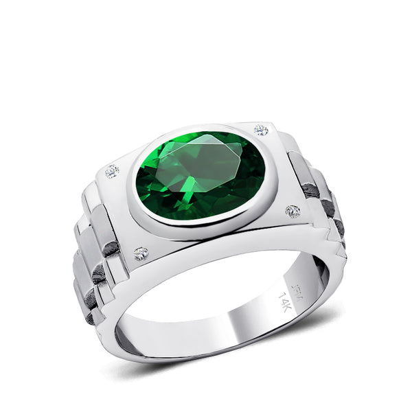 Male Diamond Ring with 4.50 ct Bezel Set Emerald Gemstone Solid Gold Men's Birthstone Jewelry