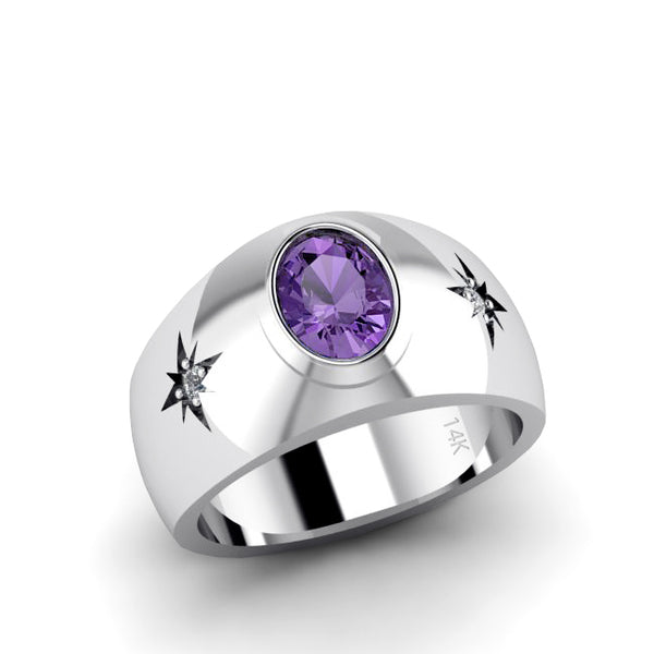 Men's Amethyst Solitaire Ring 14K Solid White Gold with 2 Genuine Diamonds Father's Day Gift