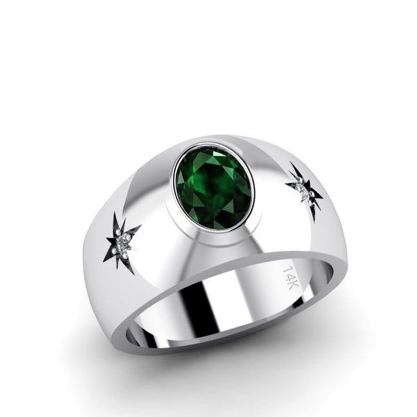 Male Emerald Ring 14K White Gold with 0.06ct Natural Diamonds Engraved Jewelry Gift for Father