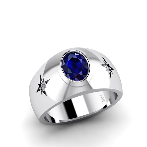 Sapphire Solitaire Gents Ring 14k Solid White Gold with Natural Diamonds Promise Ring for Men