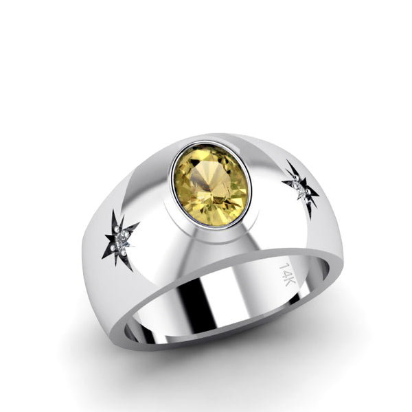 Engraved Men's Ring 14K Solid White Gold 2.40ct Citrine with Diamonds Anniversary Gift