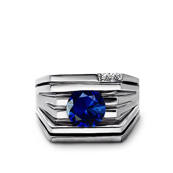 Solid 14K White GOLD Mens Ring with Sapphire and 2 DIAMOND Accents