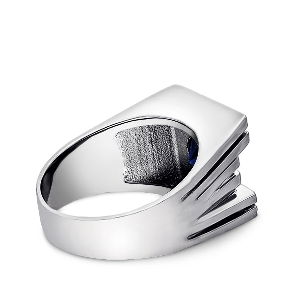 Solid 14K White GOLD Mens Ring with Sapphire and 2 DIAMOND Accents