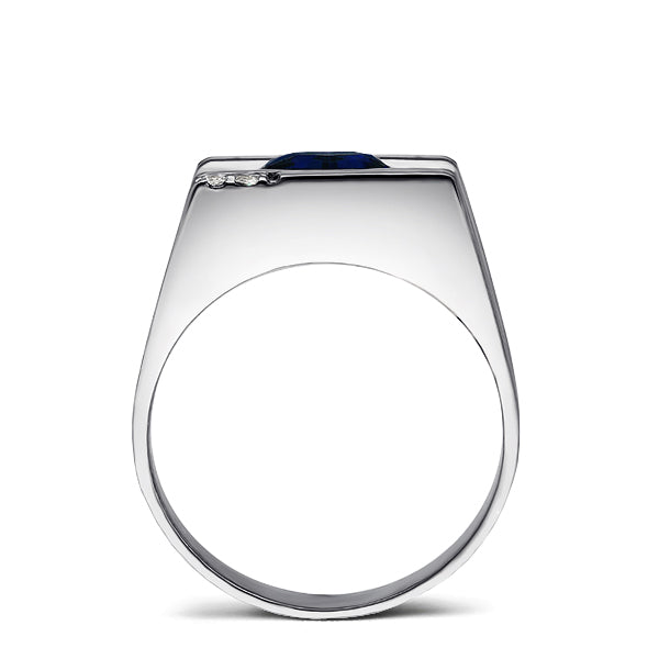 Solid 14K White GOLD Mens Ring with Sapphire and 2 DIAMOND Accents