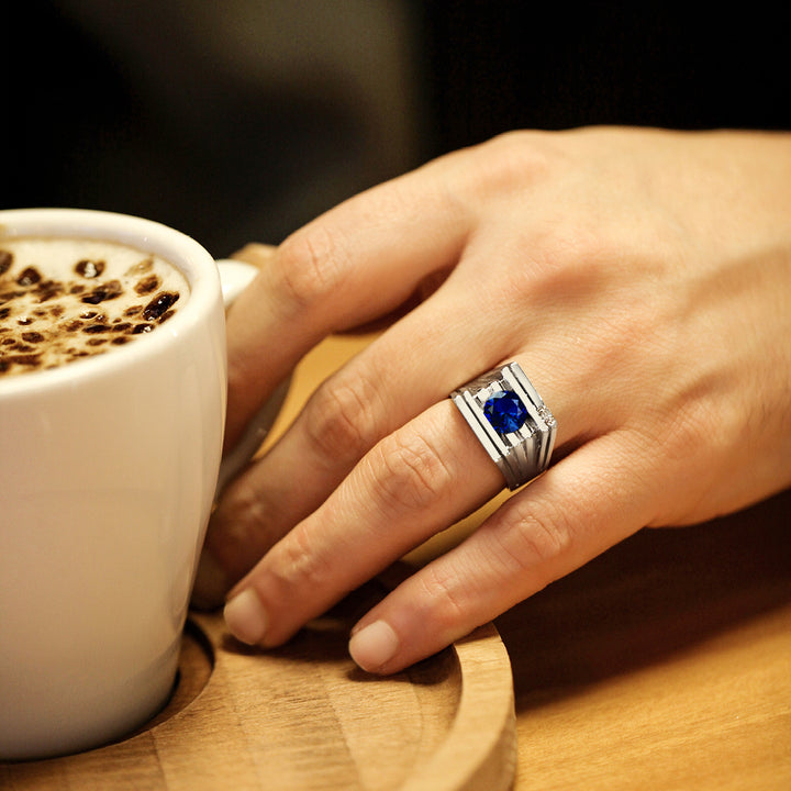 Solid 14K White GOLD Mens Ring with Sapphire and 2 DIAMOND Accents