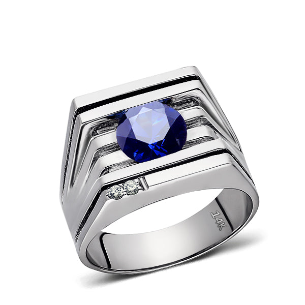 Solid 14K White GOLD Mens Ring with Sapphire and 2 DIAMOND Accents