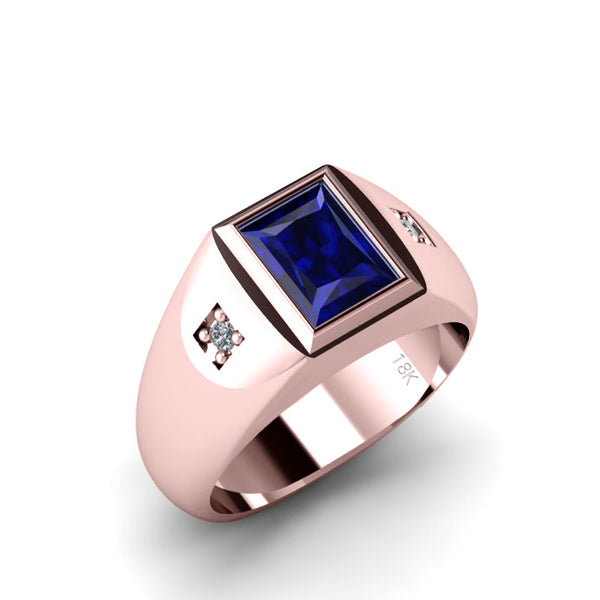 Sapphire Men's Jewelry with 2 Real Diamonds 18k SOLID Rose Gold Male Unique Gemstone Ring