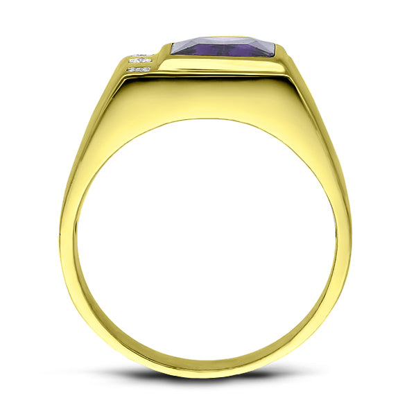 Mens Solid 10K Gold Purple Amethyst Ring 3 Natural Diamonds Fine Ring for Man