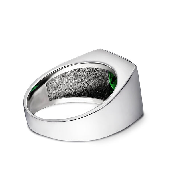 Solid 14K White Gold Emerald Mens Ring 0.06ct Natural Diamonds Ring for Men