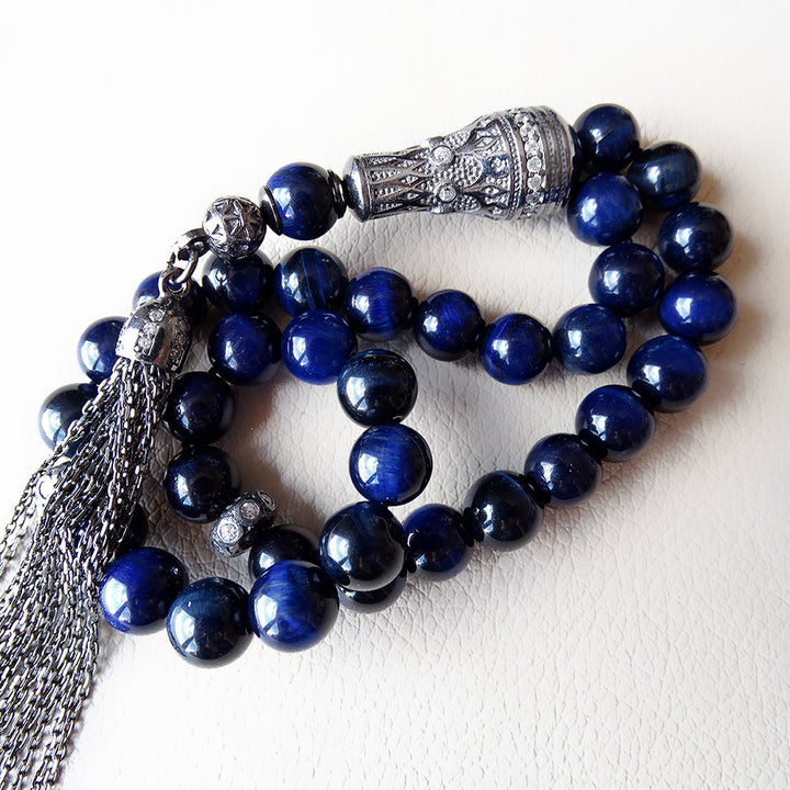 925 SILVER 33 Prayer Rare Blue Tigers Eye Beads Muslim Tasbih Misbaha Rosary