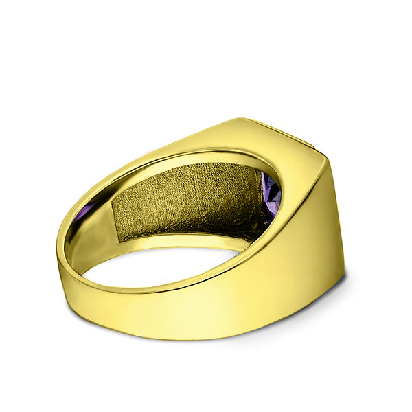 Mens Solid 10K Gold Purple Amethyst Ring 3 Natural Diamonds Fine Ring for Man