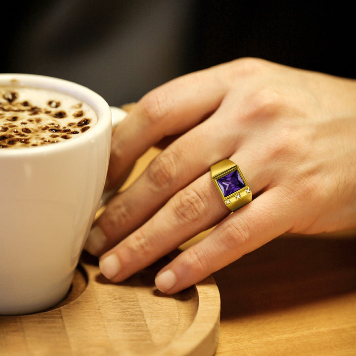 Mens Solid 14K Gold Purple Amethyst Ring 3 Natural Diamonds Fine Ring for Men