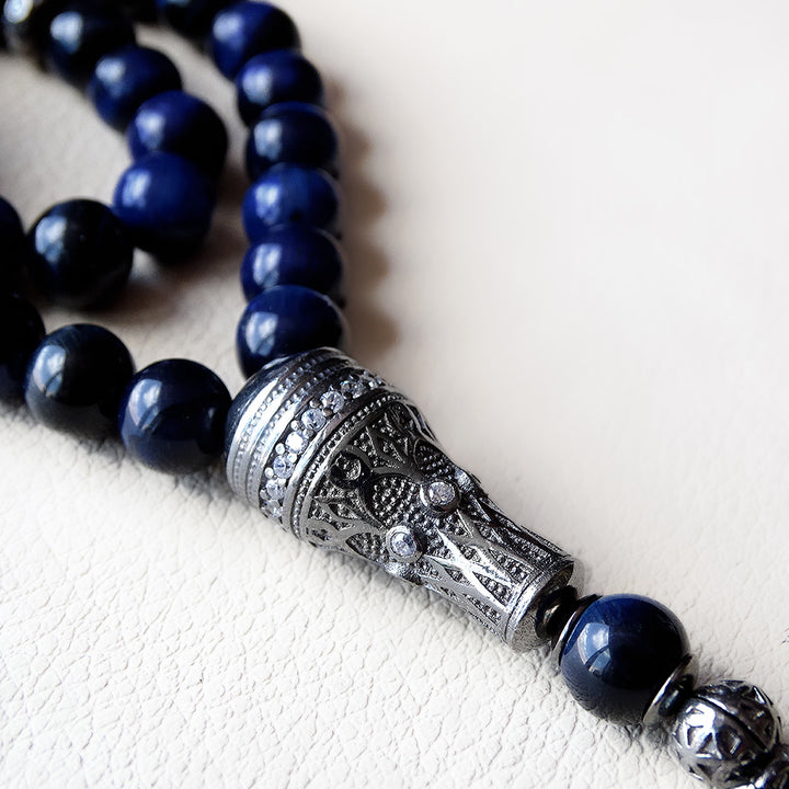 925 SILVER 33 Prayer Rare Blue Tigers Eye Beads Muslim Tasbih Misbaha Rosary