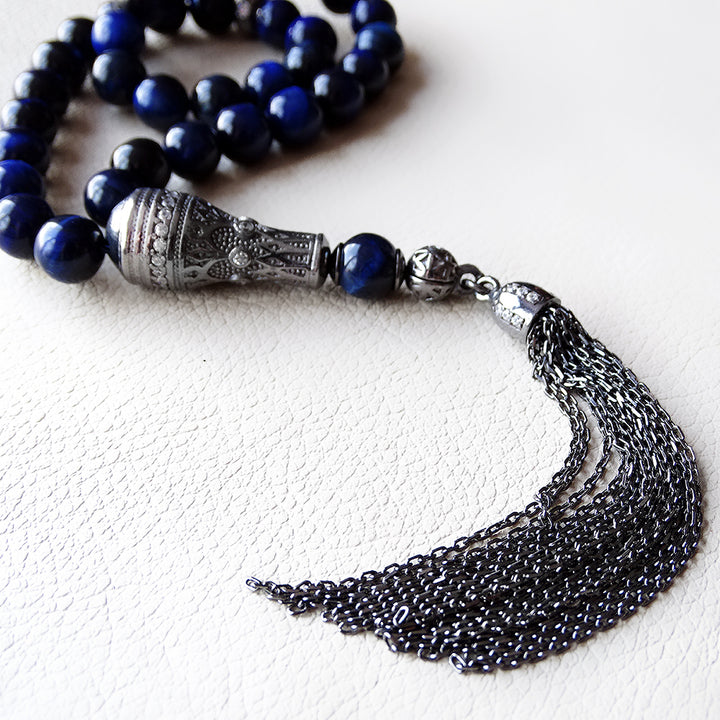 925 SILVER 33 Prayer Rare Blue Tigers Eye Beads Muslim Tasbih Misbaha Rosary